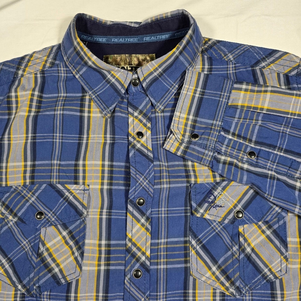 Realtree Xtra Mens XL Blue Yellow Plaid Pearl Snap Long Sleeve Western Shirt
